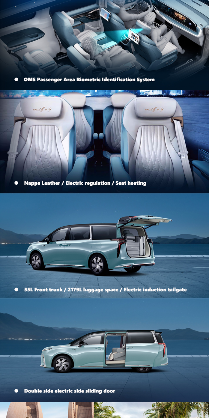 2024 Maxus MIFA9 MPV EV Car 7 sièges Autonomie 480 km 560 km conduite avant 2